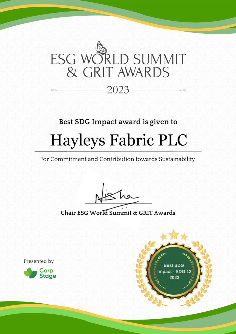 Hayleys Fabric, ESG World Summit and GRIT Awards හිදී තිරසාර සංවර්ධන ඉලක්ක වෙනුවෙන් වූ හොඳම SDG Impact සම්මානය දිනාගනියි