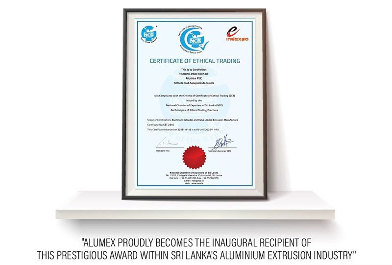 National Chambers of Exporters of Sri Lanka bestows highly-coveted ‘Certificate of Ethical Trading’ on Alumex PLC